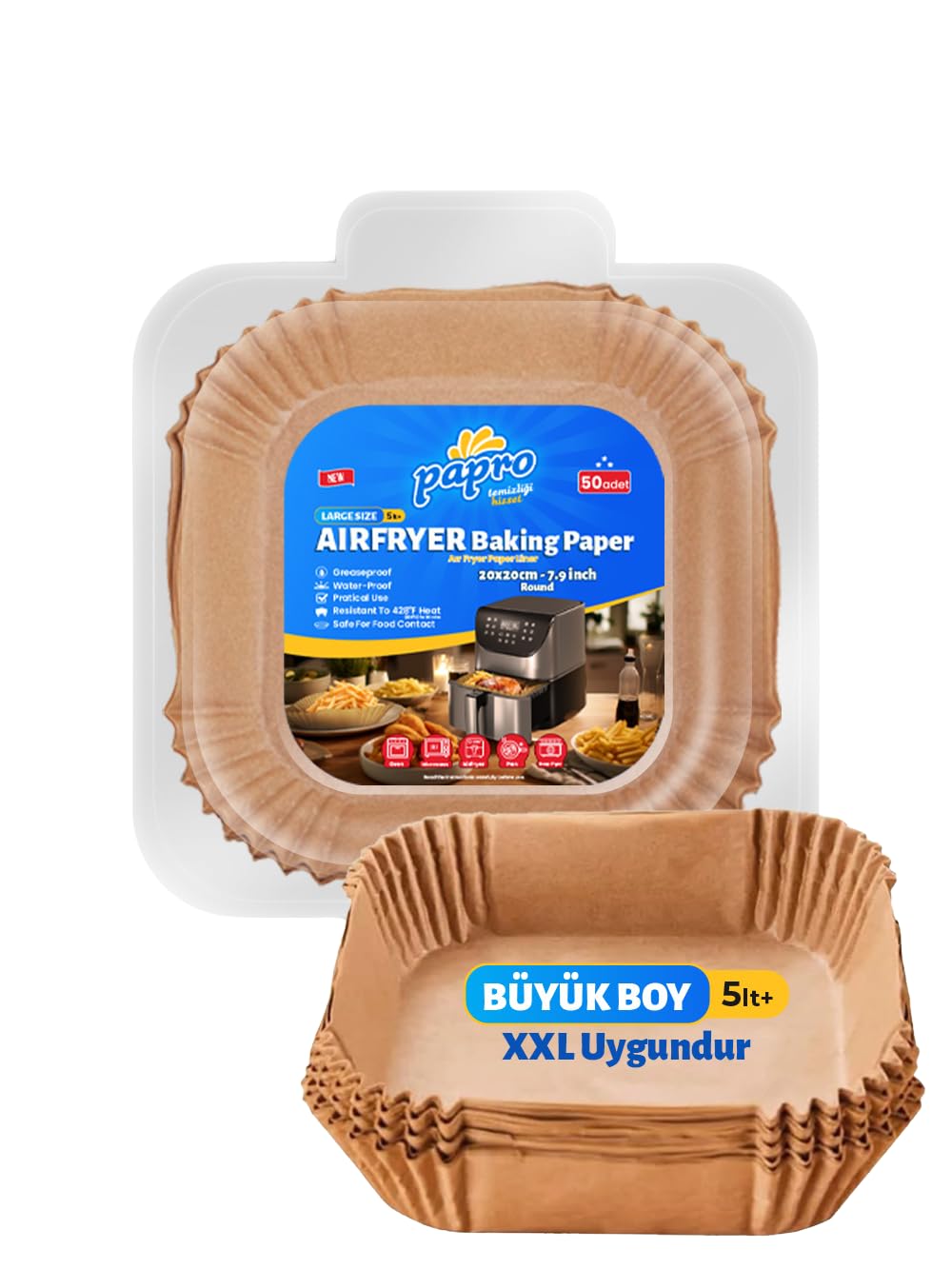 papro Airfryer Pişirme Kağıdı, Fritöz Yağlı Kağıdı, Yanmaz Kağıt XXL Uyumlu 50 Adet (Kare) (1, Kare Büyük Boy 20x20)