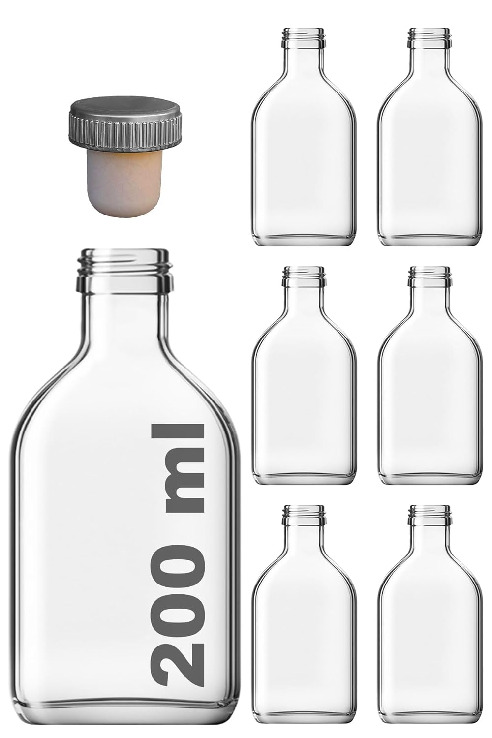 Afracam 200 ml Yassı Şeffaf Cold Brew Şişesi Kapaklı 200 cc Soğuk Kahve Cam Şişe 6 Adet (6, Sentetik (Tıpa) Gri)