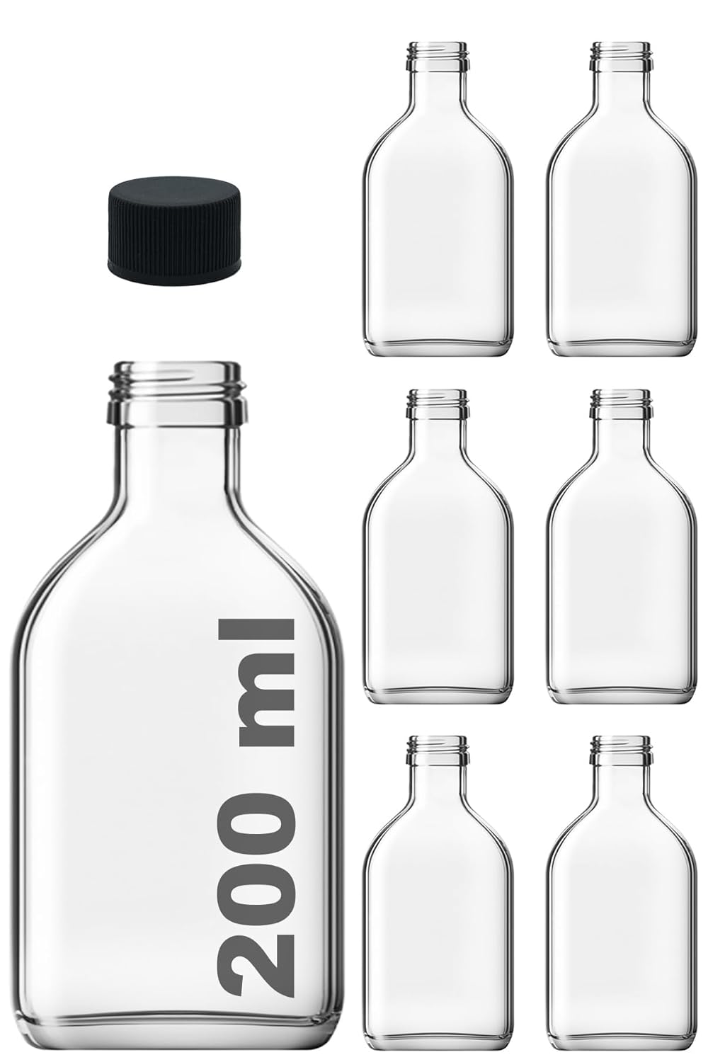 Afracam 200 cc Kapaklı Cold Brew Şişesi 200 ml Yassı Soğuk Kahve Cam Şişe 6 Adet (Siyah (Plastik))