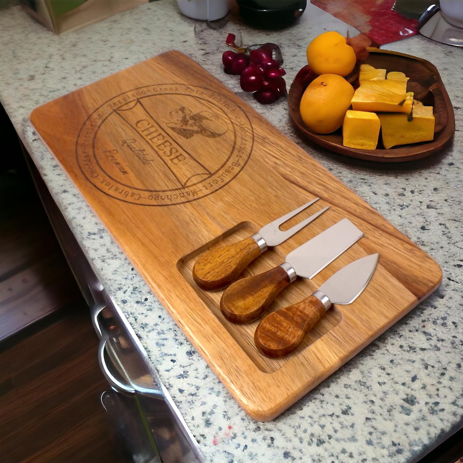 Deconox 4 Parça Akasya Ağacı Peynir Sunum Tabağı Seti - Doğal Ahşap Peynir Sunum Tepsisi - Şık Servis Tahtası ve Çatal Bıçak Takımı - Misafir Ağırlama ve Mutfak için