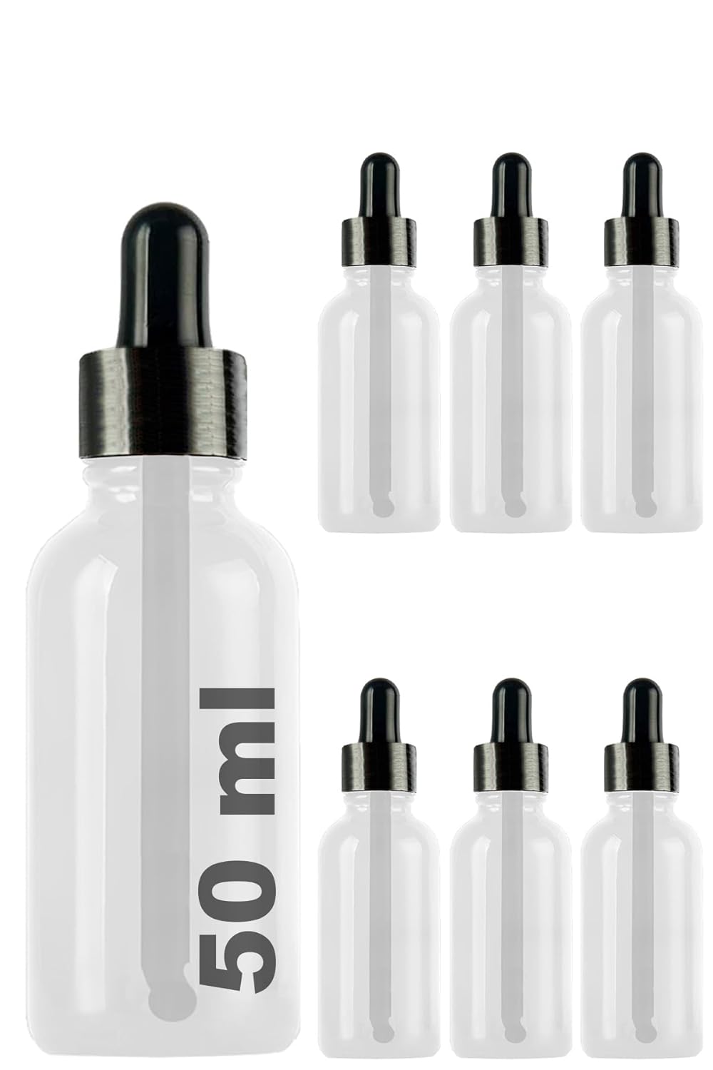 Afracam 50 ml Metal Kapaklı Damlalık Dropper Şişesi Serum 50 cc Cam Şişe 6 Adet (Siyah Kapak, Şeffaf)