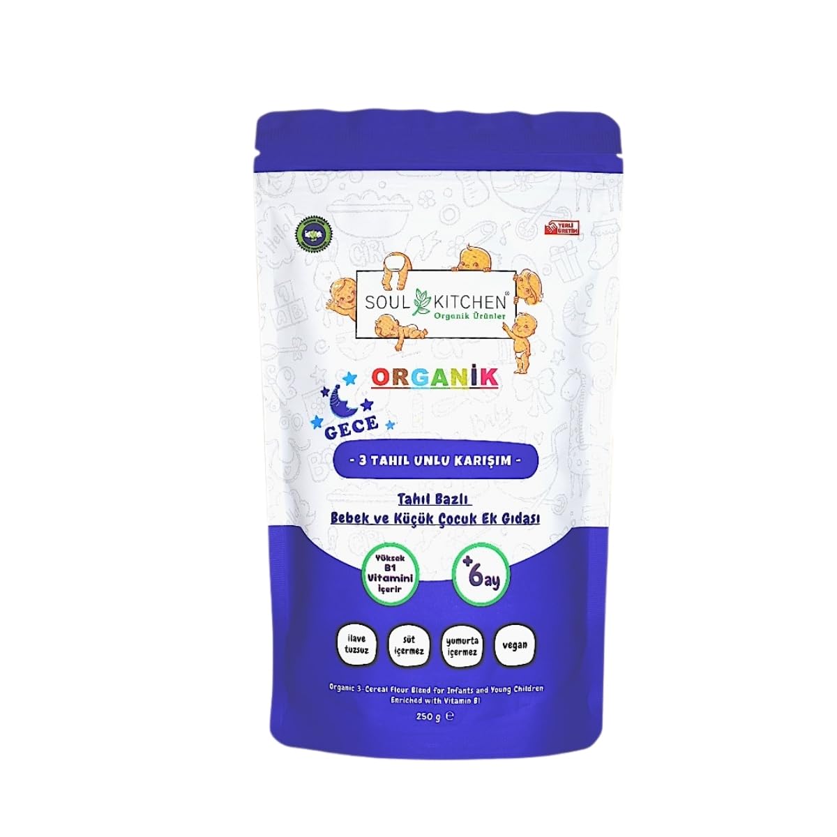 Soul Kitchen Organik Bebek Gece Maması Tahıl Bazlı B1 Vitaminli Ek Gıda 3 Tahıl Unlu Karışım 250gr