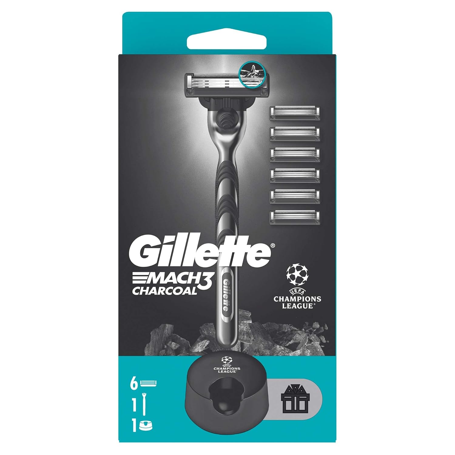 Gillette Mach3 Charcoal Tıraş Makinesi + 5 Adet Yedek Tıraş Bıçağı + Premium Stand Hediyeli Peket