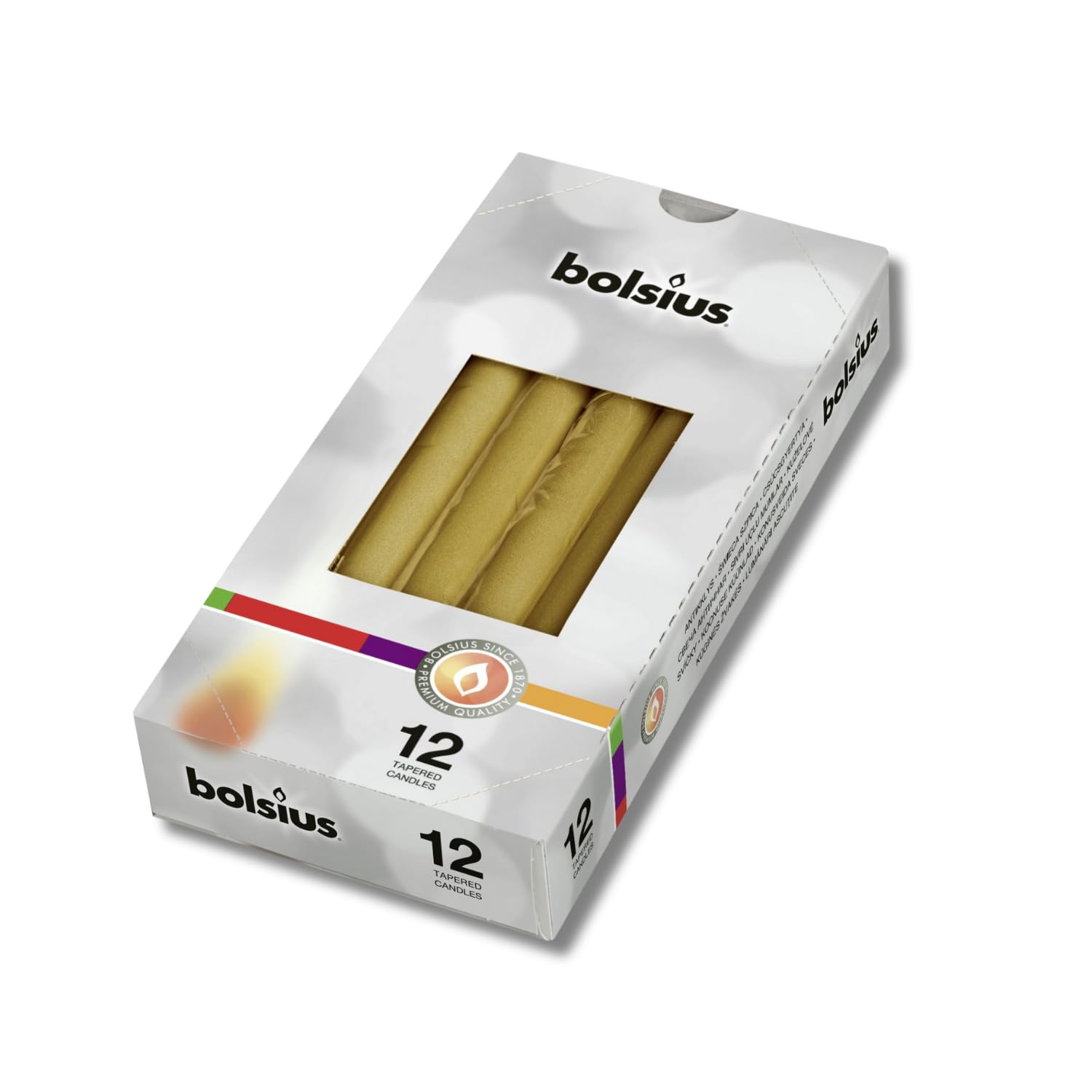 bolsius Altın Renkli Konik Şamdan Yemek Mumu, 7,5 Saat Yanma Süreli, 24,5 Cm (12 Adet - 1 Kutu)