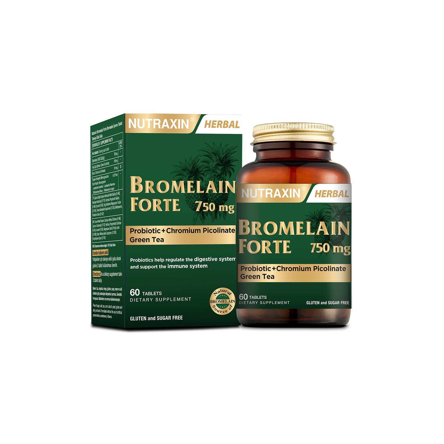 Nutraxin Bromelain Forte – 750 mg Bromelain, Yeşil Çay Ekstresi, Krom ve Probiyotik İçeren Tablet – 60 Tablet – Alerjen İçermez
