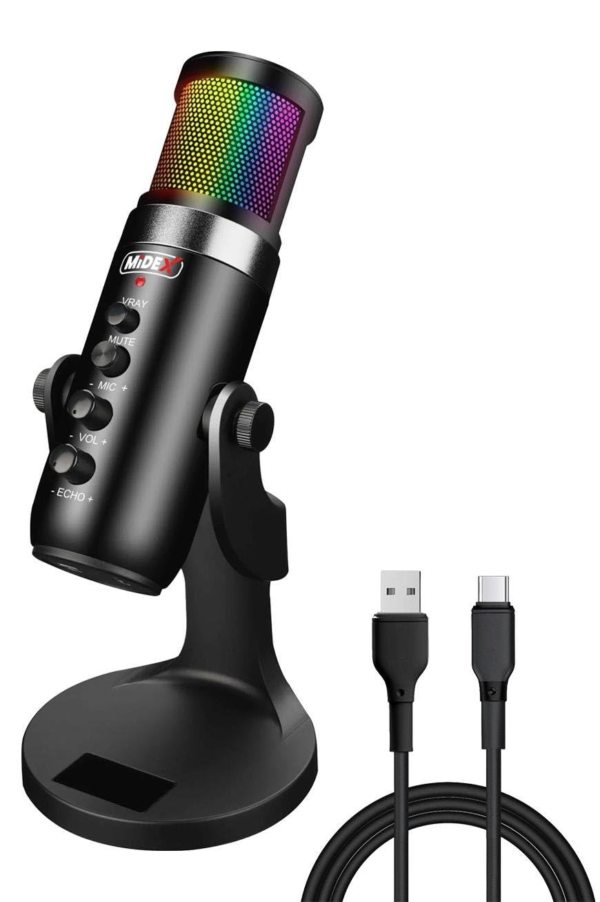 Midex V6 RGB Set USB Oyuncu ve Yayıncı Mikrofonu Condenser Stüdyo (Kayıt Gaming Tiktok Twitch Canlı yayın Discord Youtube)