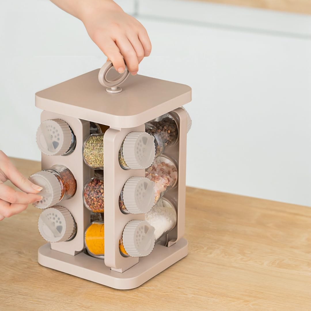 Porsima 1079 Kare Prizma Döner Standlı Döner Kapaklı 12'li Cam Baharatlık-Düzenleyici Organizer-Cappuccino