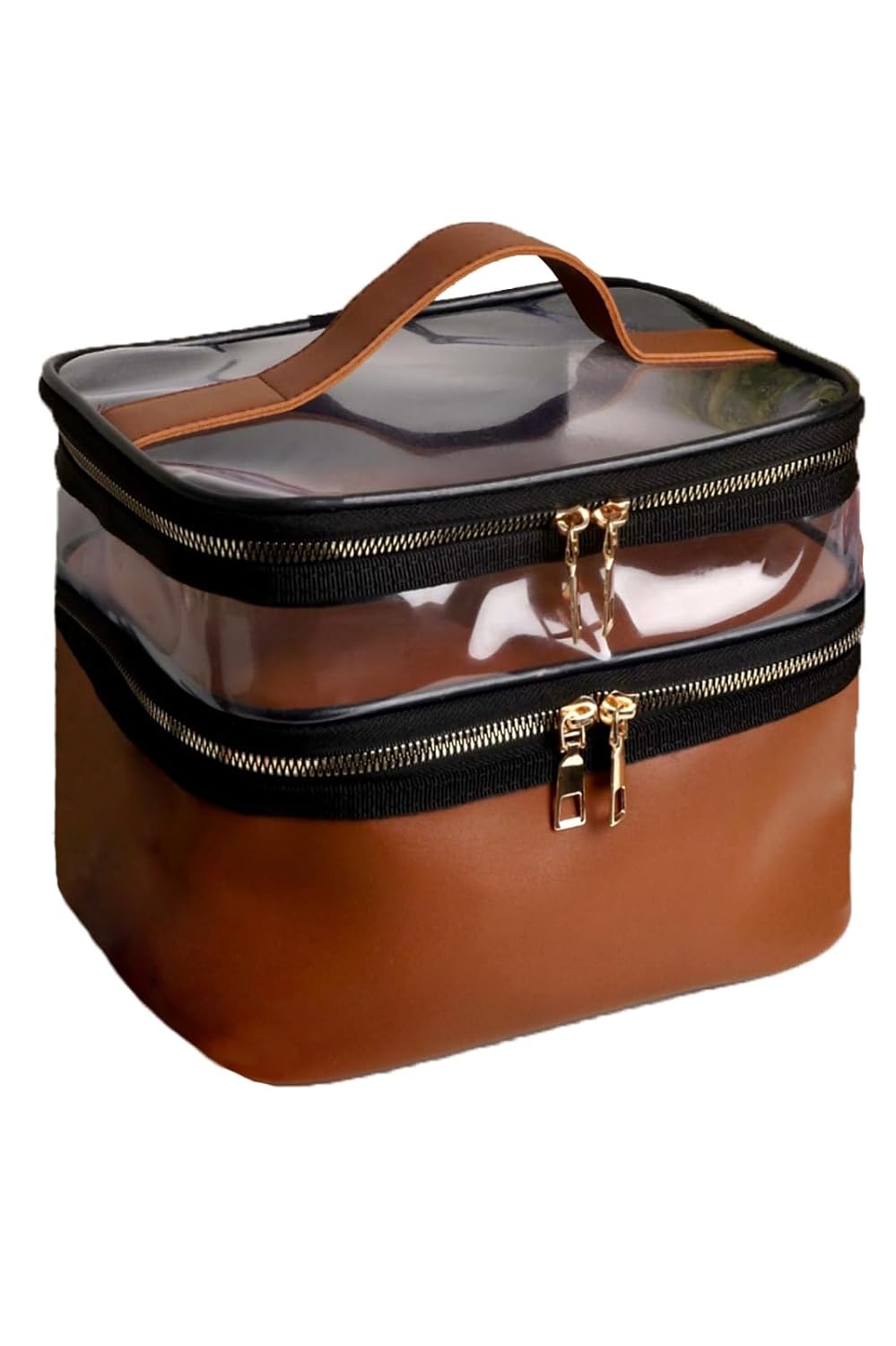 UYDEE Taba Deri Kadın Makyaj Çantası Şeffaf Pratik Şık Çift Bölmeli Fermuarlı Kozmetik Makyaj Organizeri