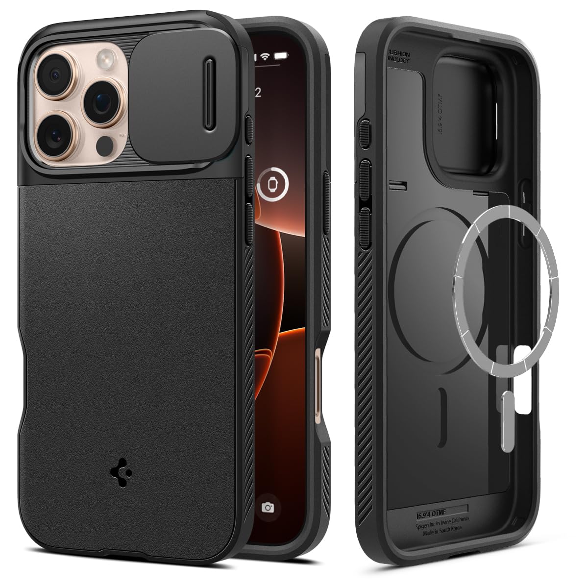 Spigen iPhone 16 Pro Max ile Uyumlu Kamera Korumalı MagSafe Kılıf Optik Armor Hava Kanalı Teknolojisi™ Askeri Sınıf Koruma MagFit Black Dokulu Yüzey Kapak - ACS08015