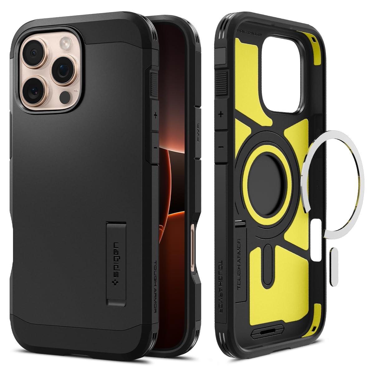 Spigen iPhone 16 Pro Max ile Uyumlu Ekstra Dayanıklı MagSafe Kılıf Tough Armor Ai Hava Kanalı Teknolojisi™ Askeri Sınıf Koruma MagFit Black Çift Katman Kapak - ACS08013