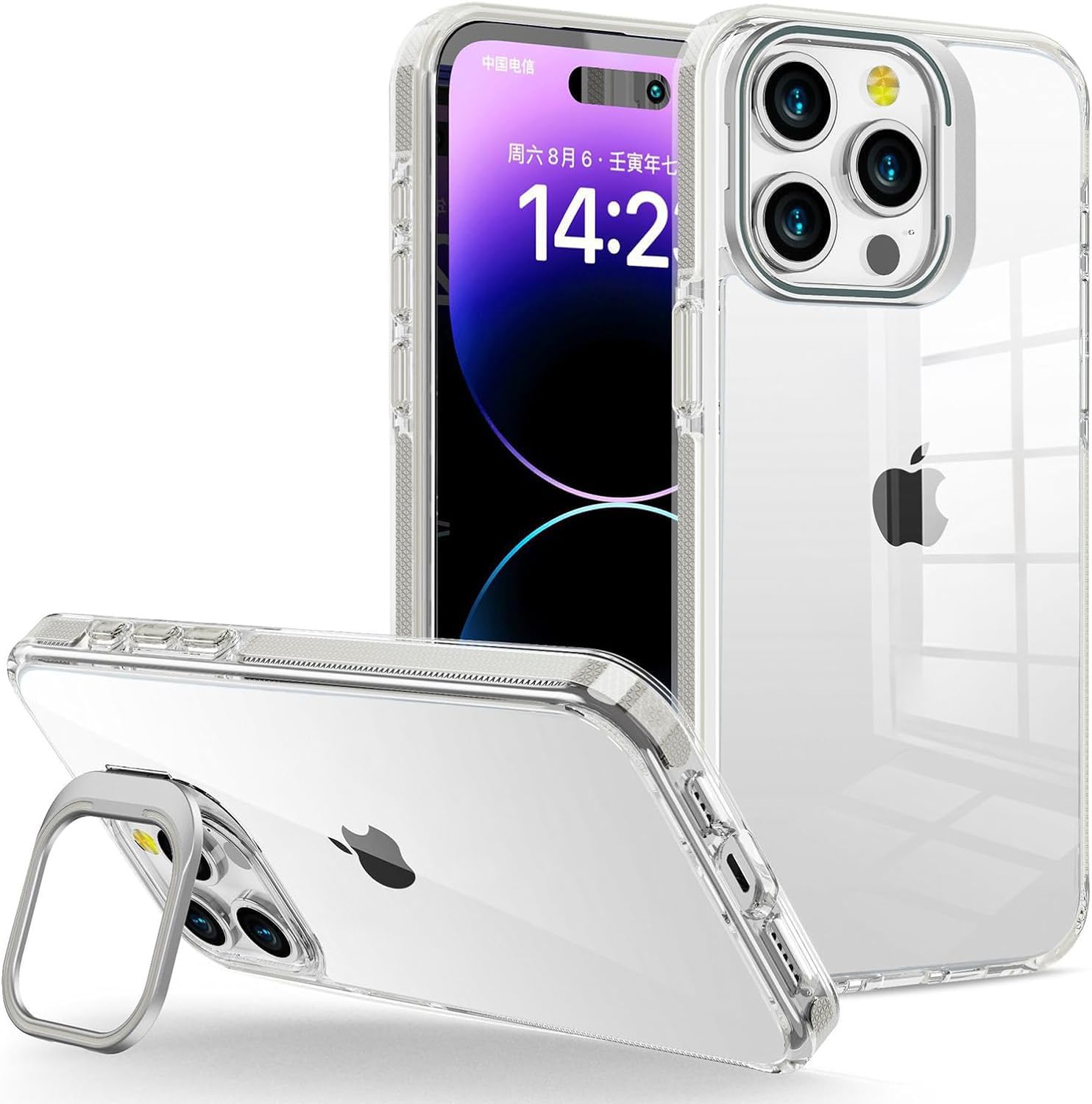 Minesk iphone 15 Pro için Hybrid Performance Serisi Ultra Şeffaf Sert Polikarbonat Arka Kısım Orta Sertlikte Silikon Kenarlar ve Stand Olabilen Lens Çerçeveli Kılıf (Natural Titanyum, 15 Pro)