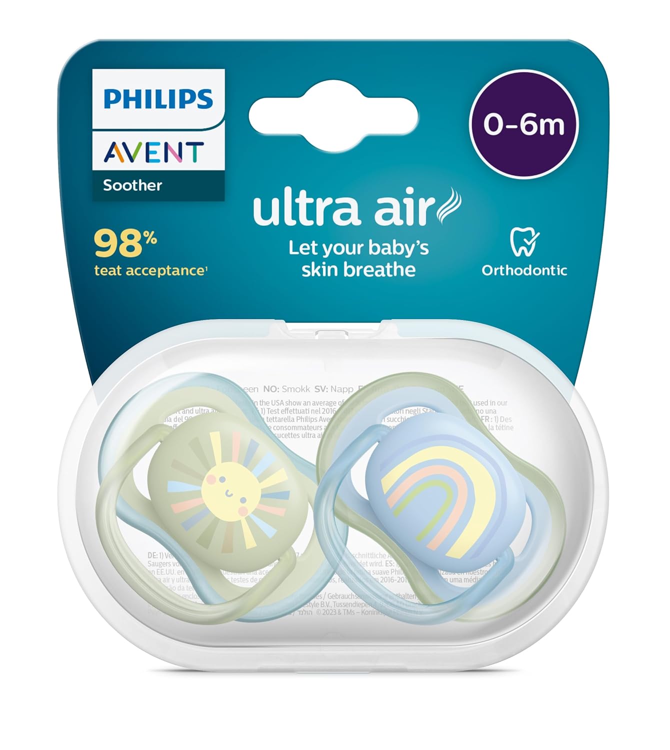 Philips Avent Ultra Air Emzik, Erkek Bebekler için 0-6 Ay, 2’li Paket, Ortodontik Silikon, Geniş Hava Delikli, Mikrodalga Sterilize Edilebilir, BPA İçermez, Taşıma Kutulu, SCF085/58
