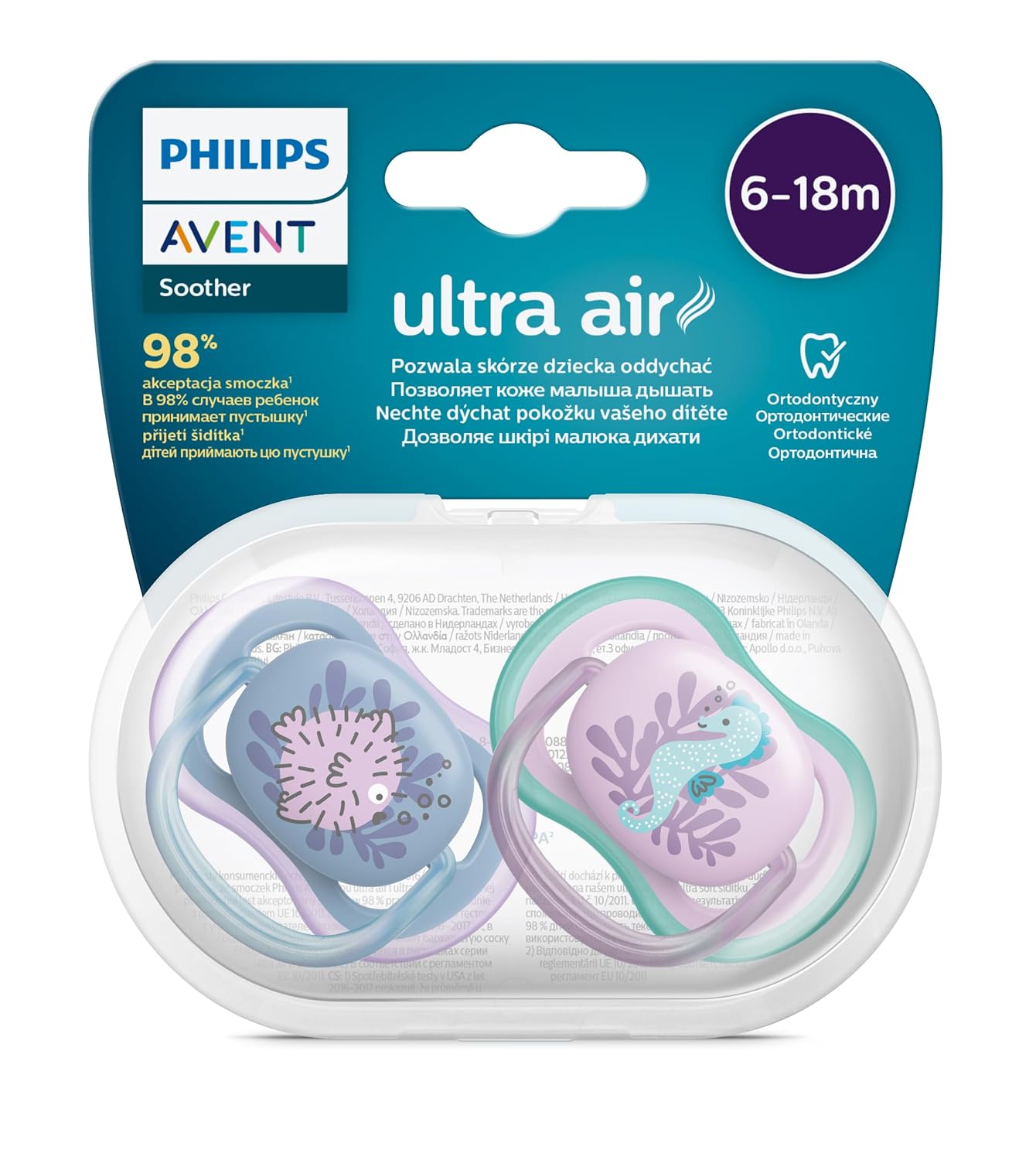 Philips Avent Ultra Air Emzik, Kız Bebekler için 6-18 Ay, 2’li Paket, Ortodontik Silikon, Geniş Hava Delikli, Mikrodalga Sterilize Edilebilir, BPA İçermez, Taşıma Kutulu, SCF085/61