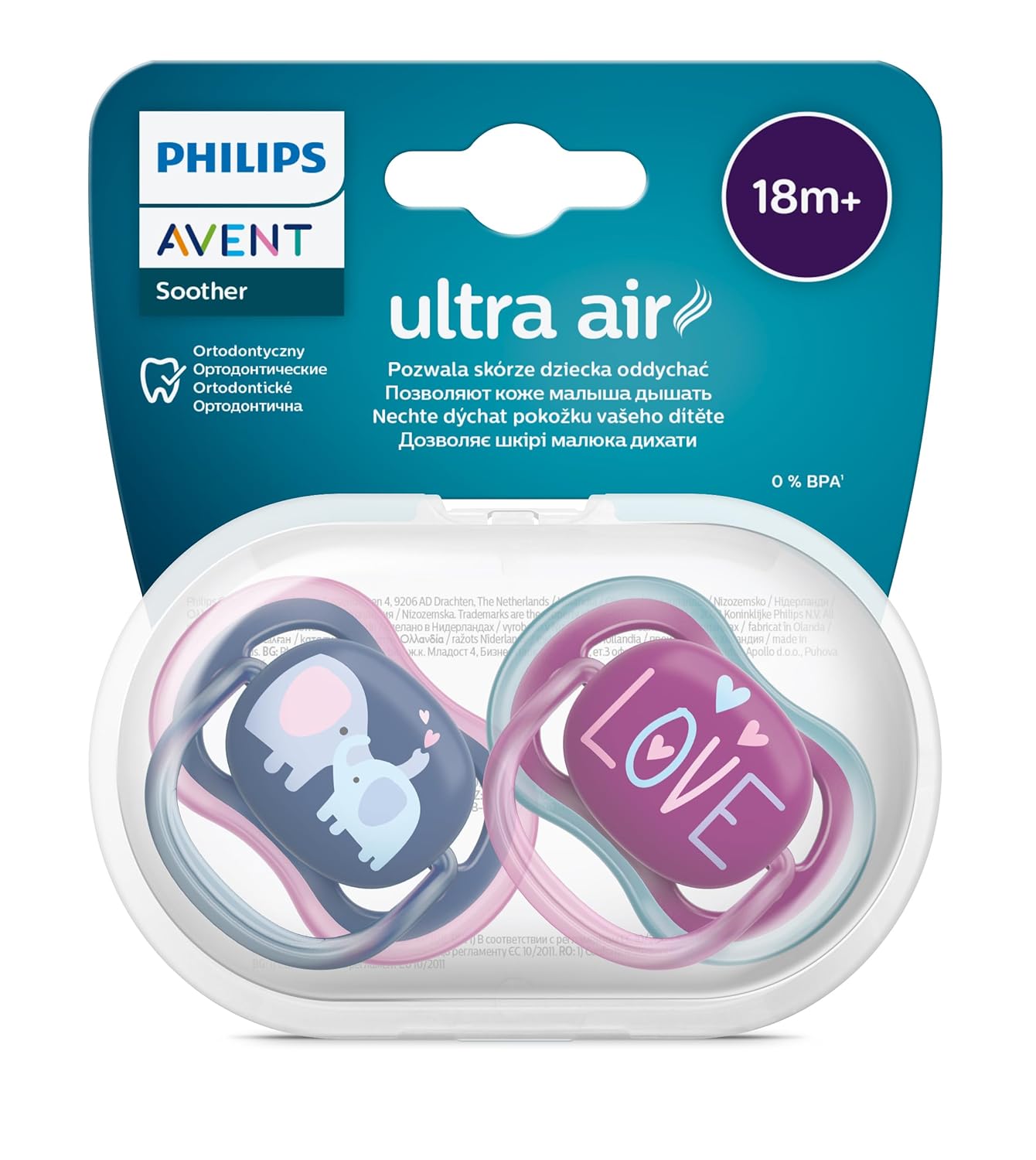 Philips Avent Ultra Air Emzik, 18 Ay+, Kız Bebekler için, 2’li Paket, Ortodontik Silikon, Geniş Hava Delikli, Mikrodalga Sterilize Edilebilir, BPA İçermez, Taşıma Kutulu, SCF349/22