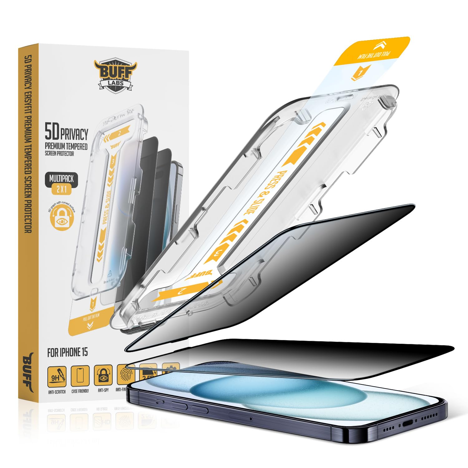 BUFF LABS iPhone 15 Serisi ile Uyumlu 5D Privacy EasyFit 2 Adet Kolay Uygulama Aparatlı Ekran Koruyucu Temperli Cam Hayalet Ekran (iPhone 15)