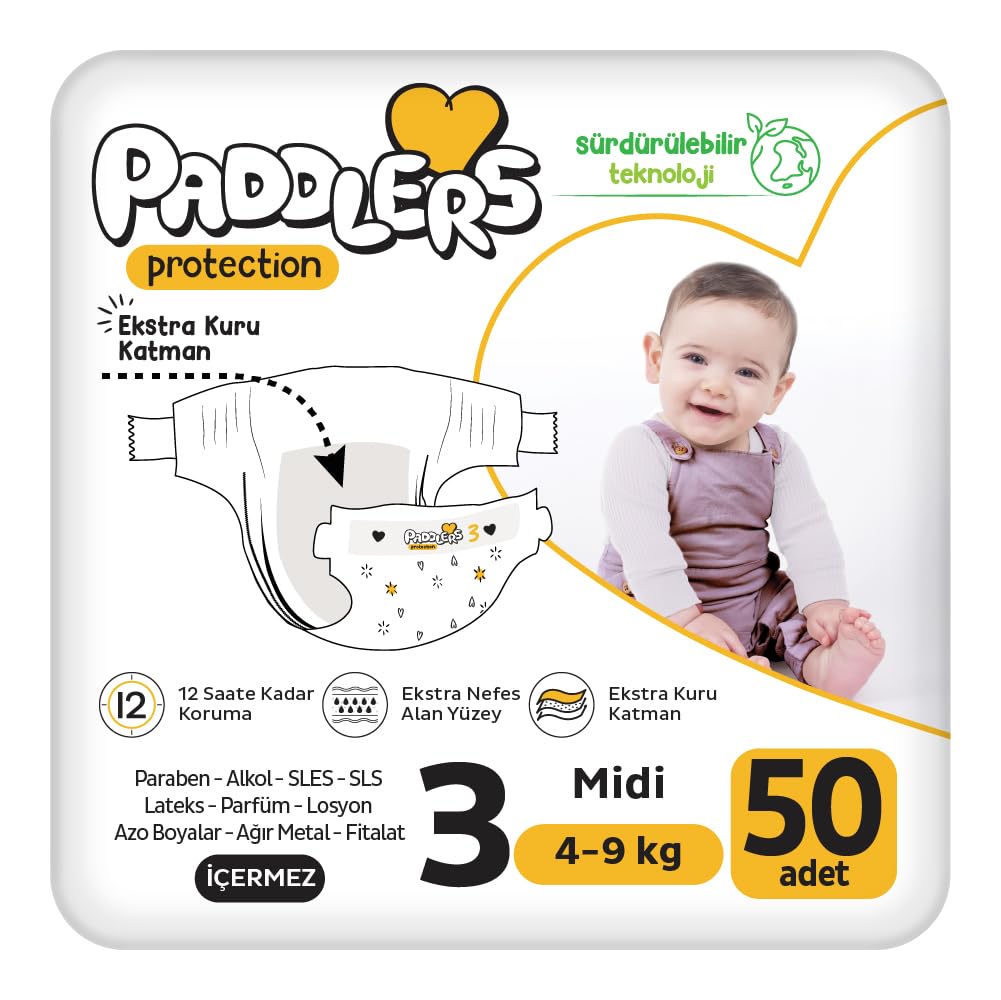 Paddlers Protection Bebek Bezi 3 Numara Midi (4-9 Kg) 50 Adet – Jumbo Paket, Maksimum Koruma