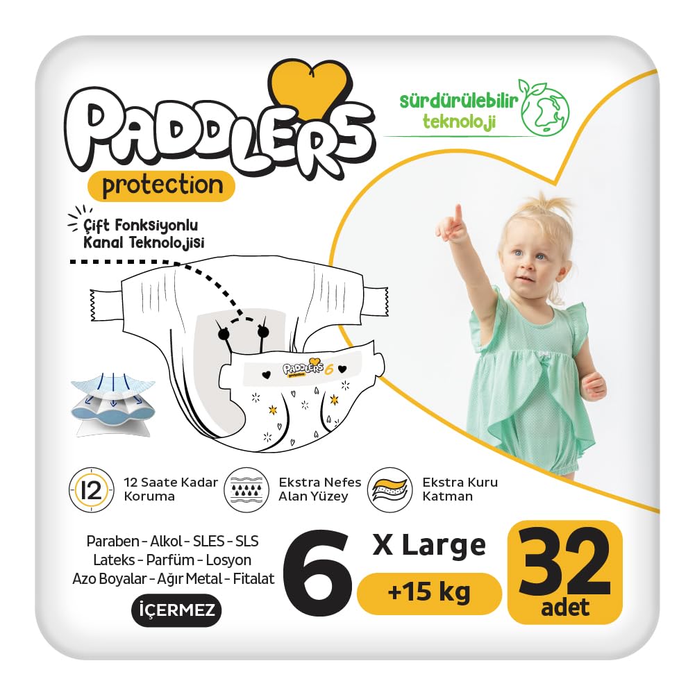 Paddlers Protection Bebek Bezi 6 Numara X-Large (15+ Kg) 32 Adet – Jumbo Paket, Maksimum Koruma