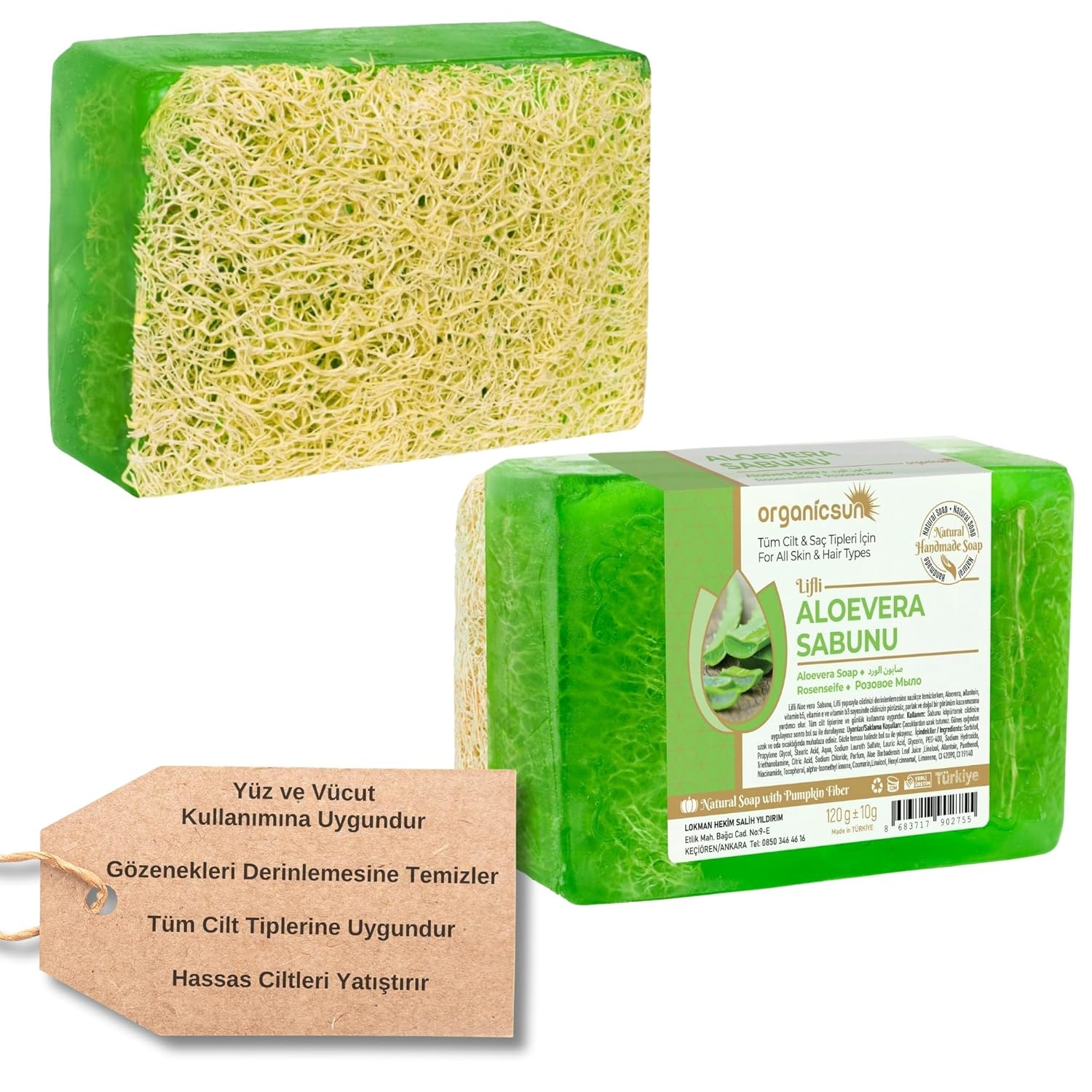 Organicsun Doğal Kabak Lifli Aloe Vera Sabunu 120 Gr Tüm Cilt Tipleri İçin B ve E Vitaminli
