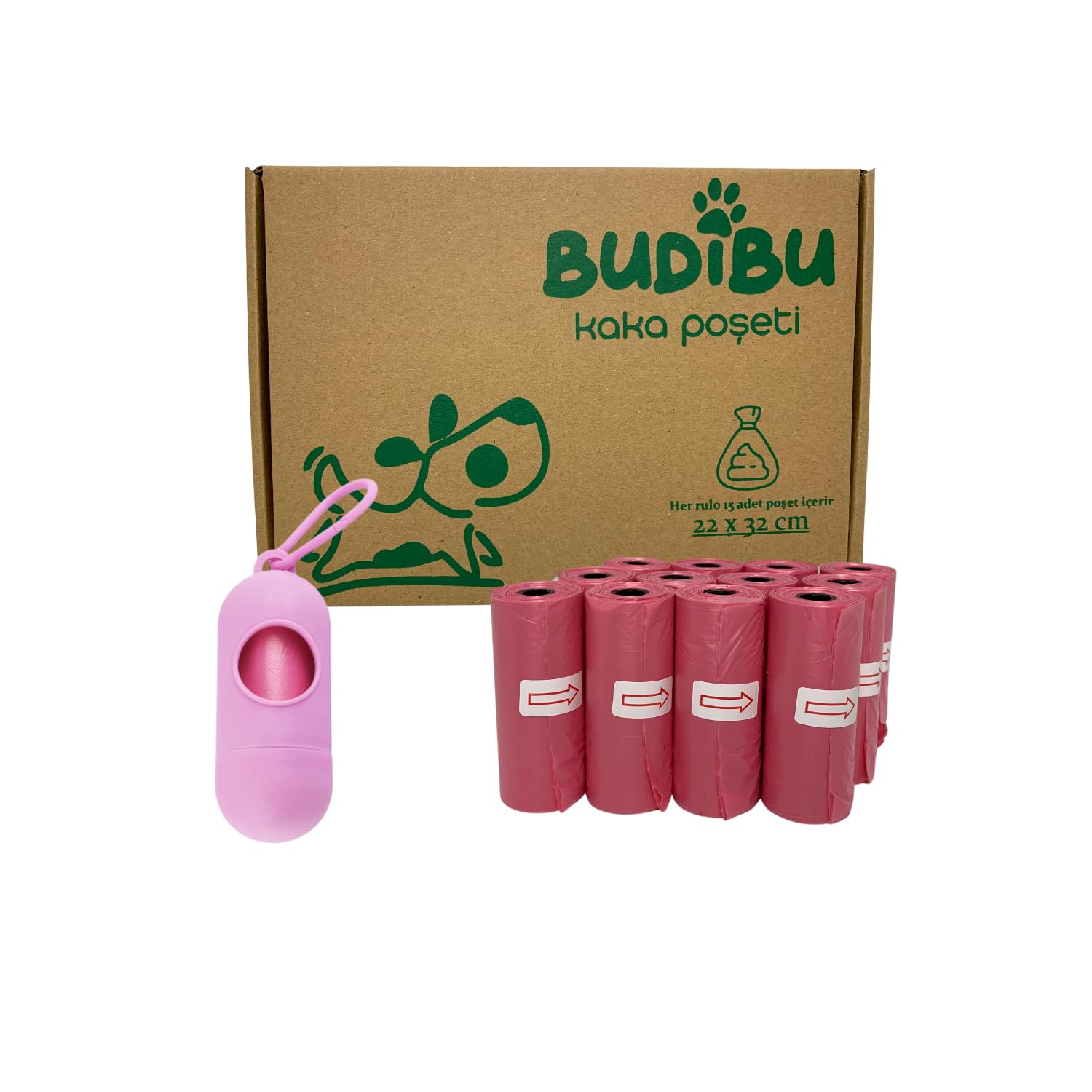Budibu Kedi Köpek Kaka Poşeti Evcil Hayvan Dışkı Kaka Torbası Taşıma Kapsülü ve 12 Rulo (180 Poşet) (Pembe)