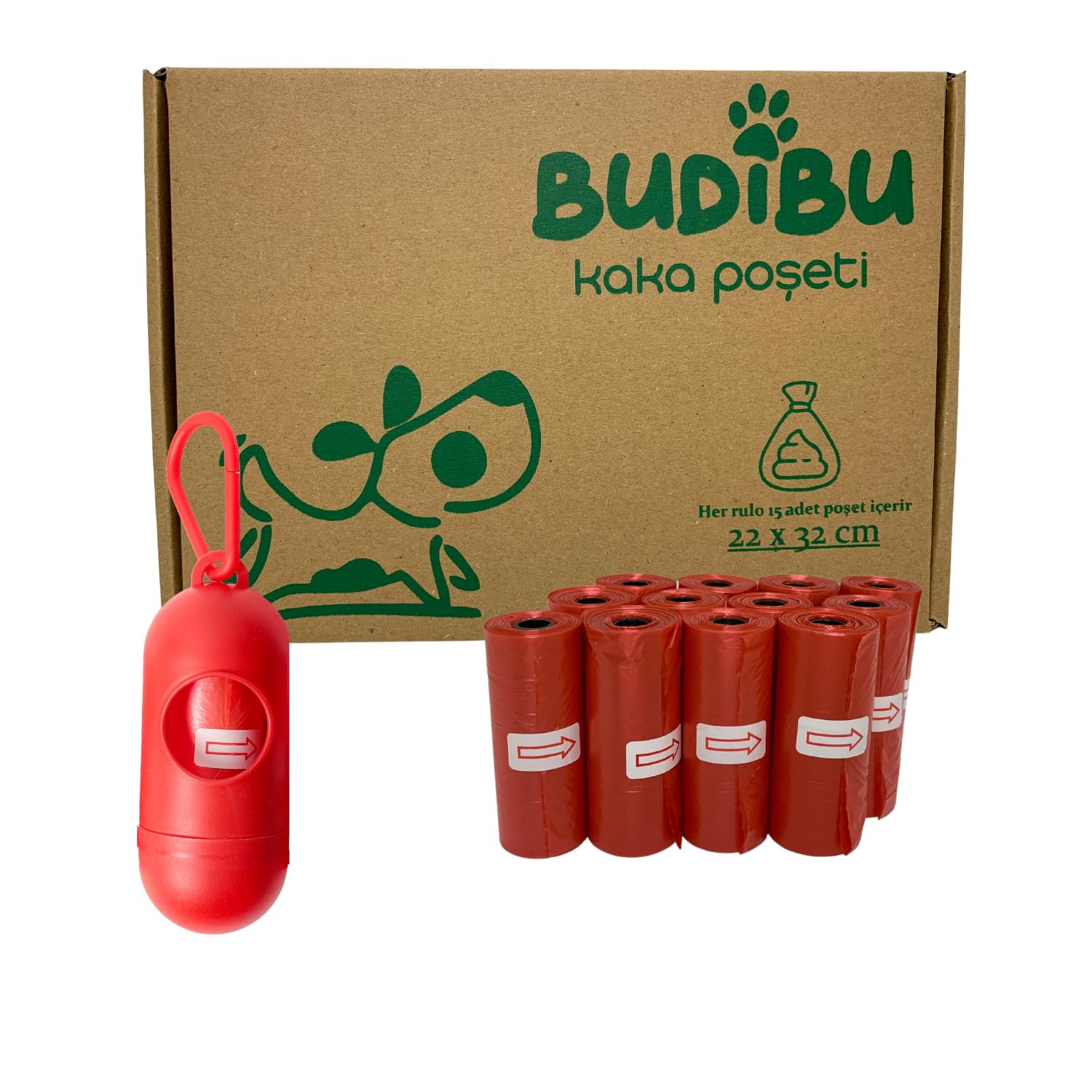 Budibu Kedi Köpek Kaka Poşeti Evcil Hayvan Dışkı Kaka Torbası Taşıma Kapsülü ve 12 Rulo (180 Poşet) (Kırmızı)