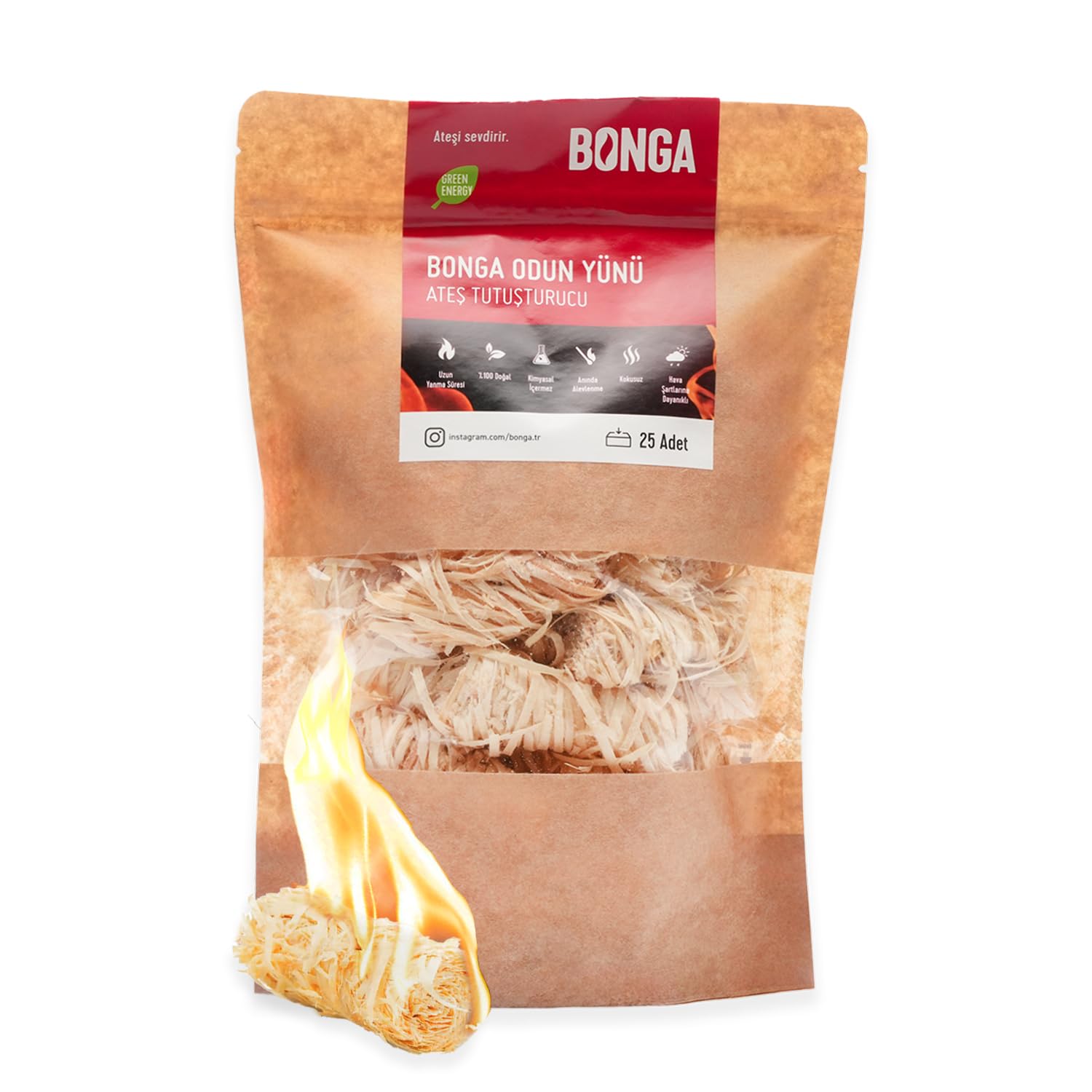 BONGA Soba, Şömine, Mangal Tutuşturucu 25 Adet 350 gr - Jel Ve Çıra Alternatifi Doğal Odun Yünü