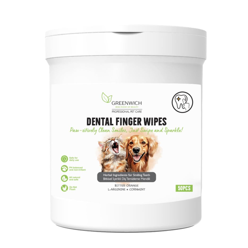 Greenwich Bitkisel İçerikli Kedi Köpek Diş Mendili 50 Adet | Tartar, Ağız Kokusu Giderici | Diş Beyazlatıcı | Parmak Mendil | Vegan