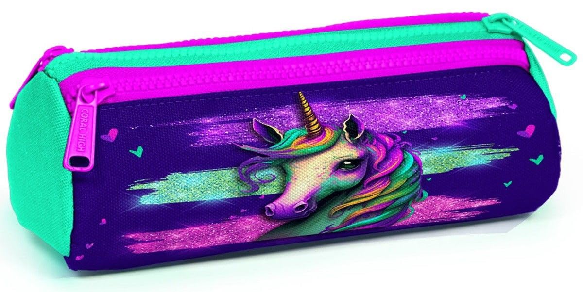 Coral High Pembe Su Yeşili Unicorn Üç Bölmeli Kalem Çantası - Kız Çocuk