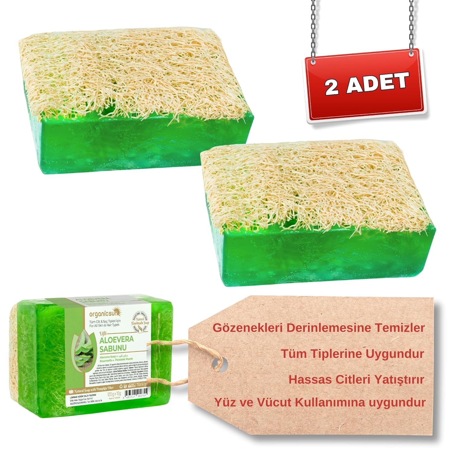 Organicsun Doğal Kabak Lifli Aloe Vera Sabunu 120 Gr x 2 Adet Tüm Cilt Tipleri İçin B ve E Vitaminli