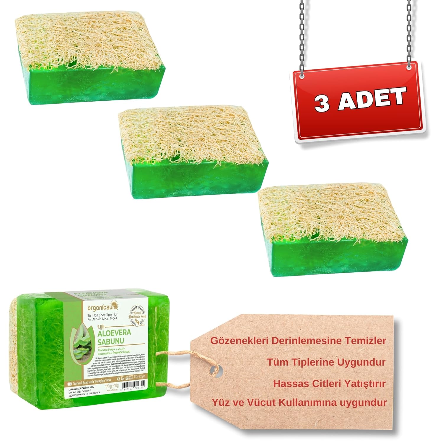 Organicsun Doğal Kabak Lifli Aloe Vera Sabunu 120 Gr x 3 Adet Tüm Cilt Tipleri İçin B ve E Vitaminli