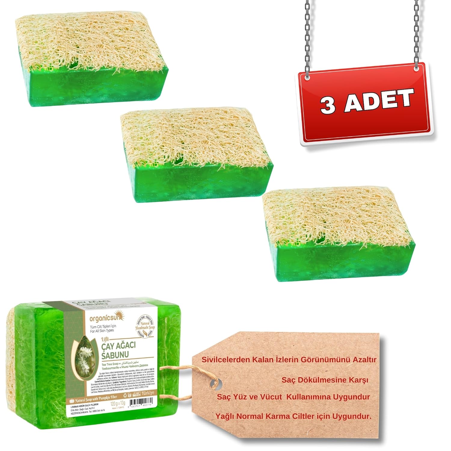 Organicsun Doğal Kabak Lifli Çay Ağacı Sabunu 120 Gr x 3 Adet Tüm Cilt Tipleri İçin Sivilce ve Siyah Nokta Karşıtı