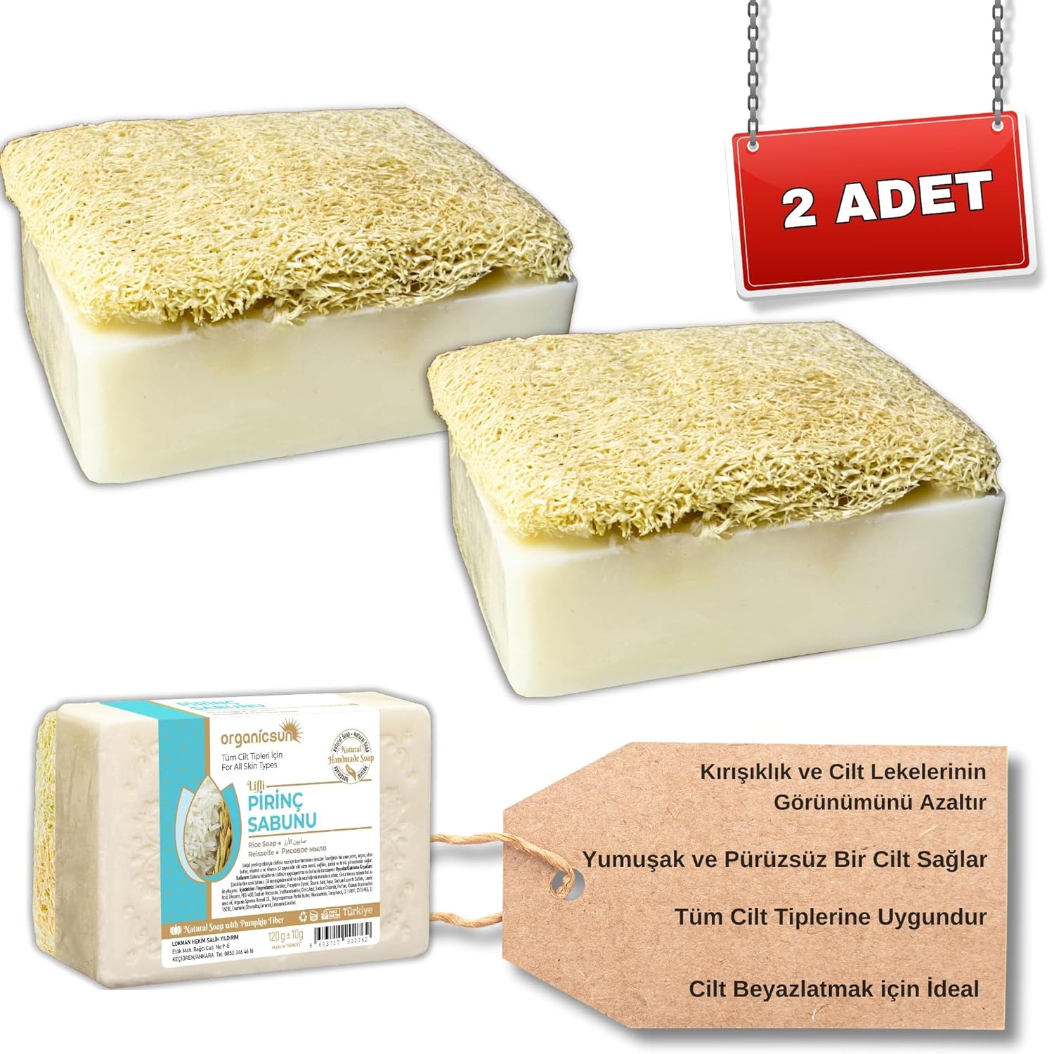 Organicsun Doğal Kabak Lifli Pirinç Sabunu 120 Gr x 2 Adet Tüm Cilt Tipleri İçin Beyazlatma Etkili E ve B Vitaminli