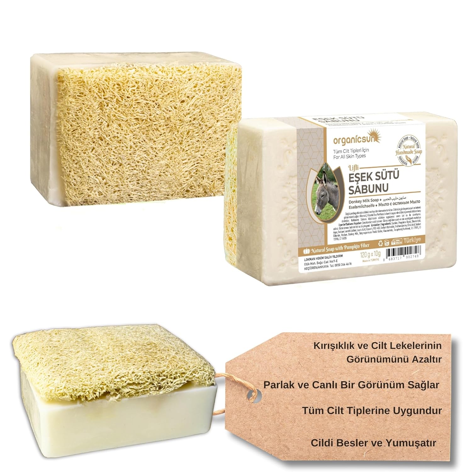 Organicsun Doğal Kabak Lifli Eşek Sütü Sabunu 120 Gr Tüm Cilt Tipleri İçin Kırışıklık ve Yaşlanma Karşıtı B ve E Vitaminli