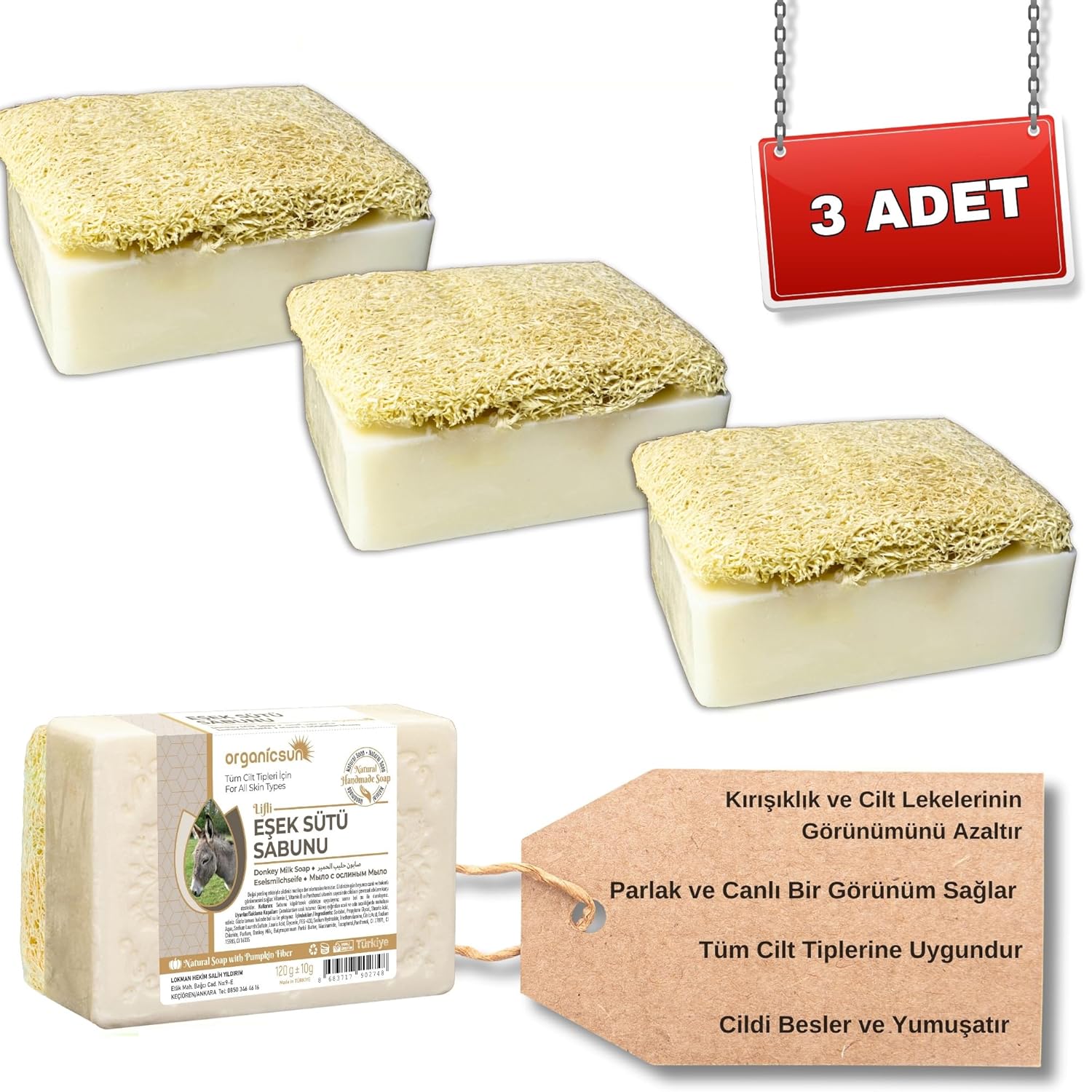 Organicsun Doğal Kabak Lifli Eşek Sütü Sabunu 120 Gr x 3 Adet Tüm Cilt Tipleri İçin Kırışıklık ve Yaşlanma Karşıtı B ve E Vitaminli