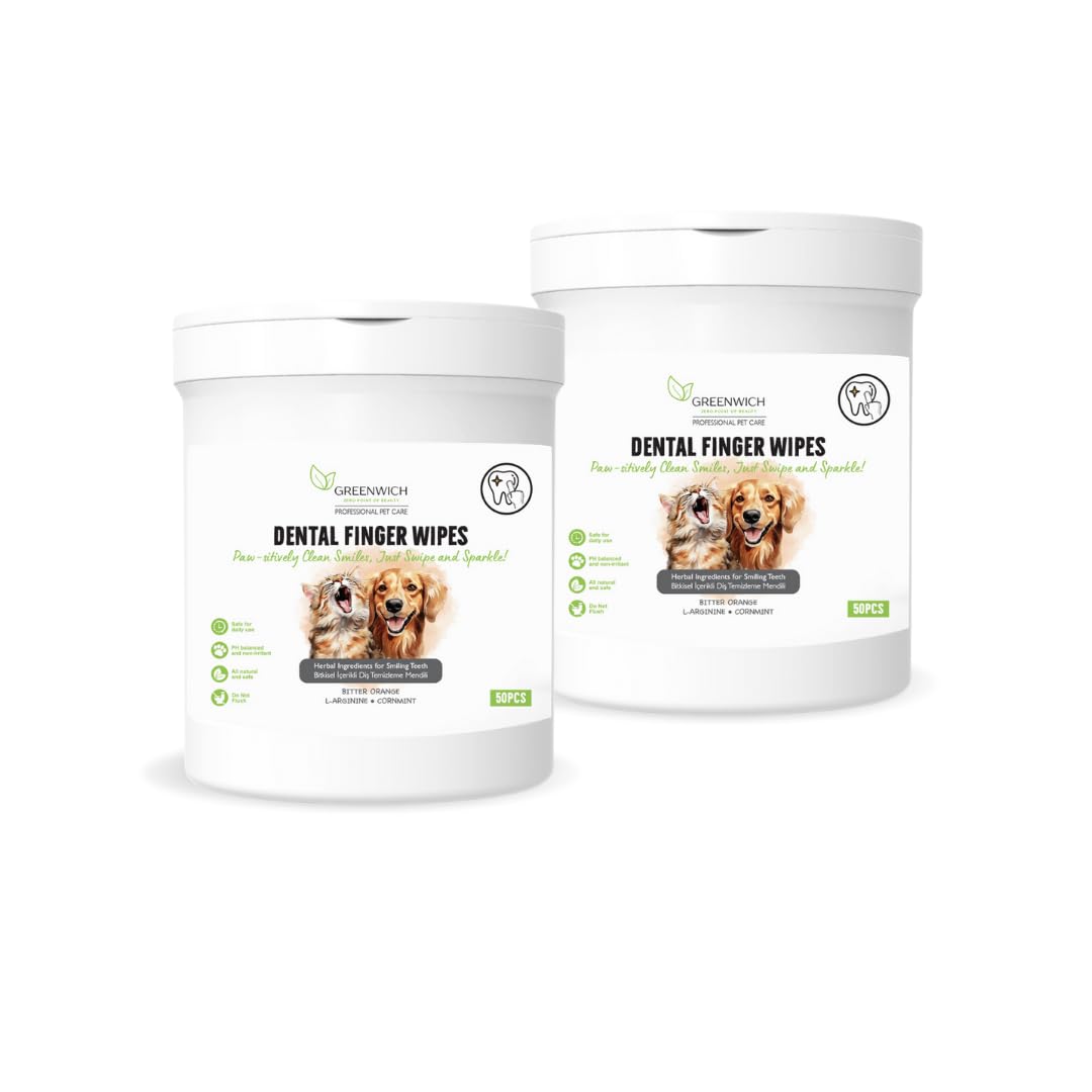 Greenwich Bitkisel İçerikli Kedi Köpek Diş Mendili 2 * 50 Adet | Tartar, Ağız Kokusu Giderici | Diş Beyazlatıcı | Parmak Mendil | Vegan