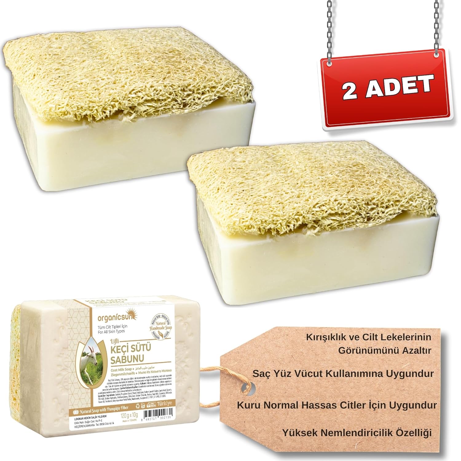 Organicsun Doğal Kabak Lifli Keçi Sütü Sabunu 120 Gr x 2 Adet Tüm Cilt Tipleri İçin Nemlendirici ve Yenileyici