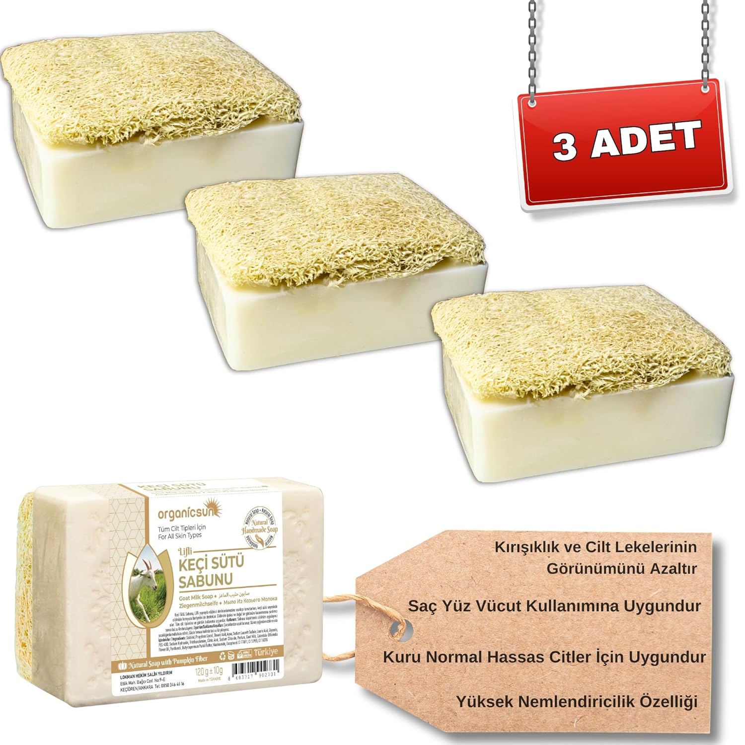 Organicsun Doğal Kabak Lifli Keçi Sütü Sabunu 120 Gr x 3 Adet Tüm Cilt Tipleri İçin Nemlendirici ve Yenileyici