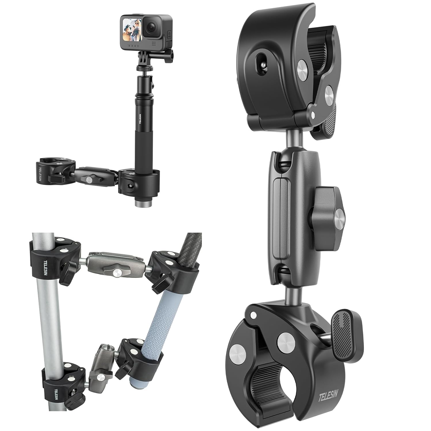 TELESIN Duall Top Kelepçe Montaj Çubuk Direği Bisiklet Bisiklet Motosiklet Gidon Tüp Tutucu Aksesuarları GoPro Hero 13 12 11 10 9 8, DJI Osmo Action 5 Pro 4 3 Insta360 X3 X4 Go3 Ace Pro ile Uyumlu