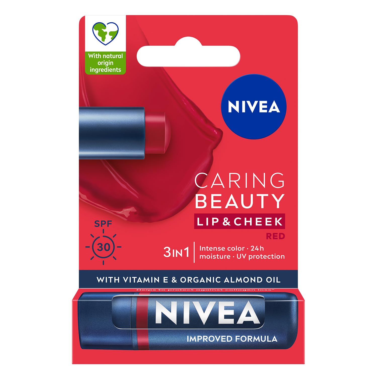 NIVEA SPF30 Kırmızı Renkli Dudak Bakım Kremi,4,8gr,24 Saat Nemlendirme,E Vitamini,Organik Badem Yağı,Shea Yağı,Dudak Ve Yanaklar İçin,Allık Etkisi,Mineral Yağı Bulunmaz