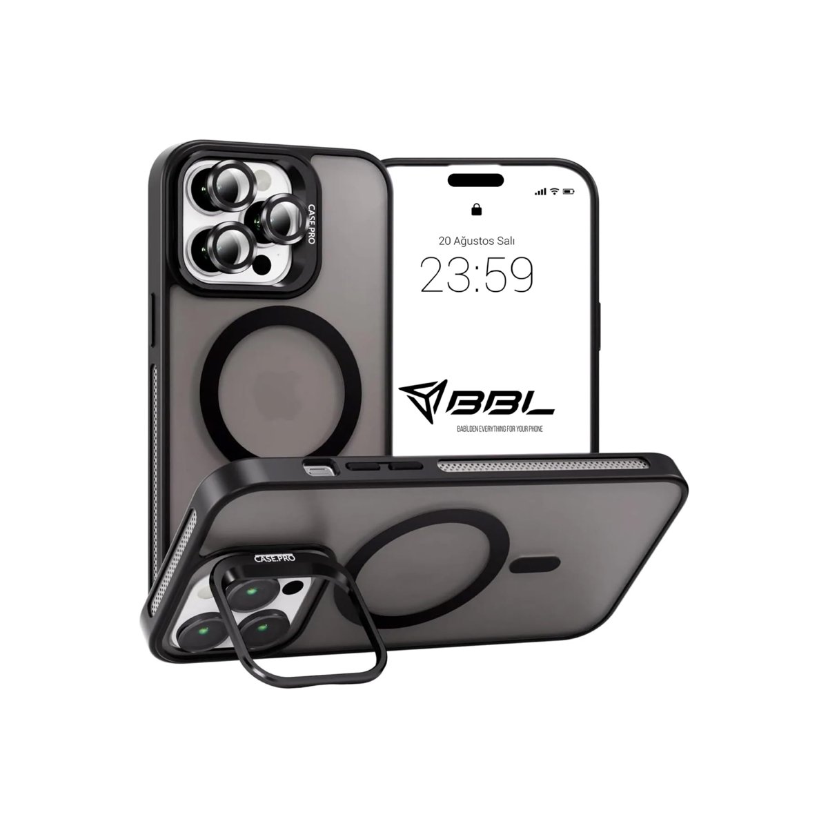 Babilden iPhone 14 Pro İçin Kılıf Kamera Korumalı Magsafe İle Uyumlu Kablosuz Şarj Özellikli Mat Şeffaf Renkli Standlı Lens Hediyeli Telefon Kılıfı (Siyah)