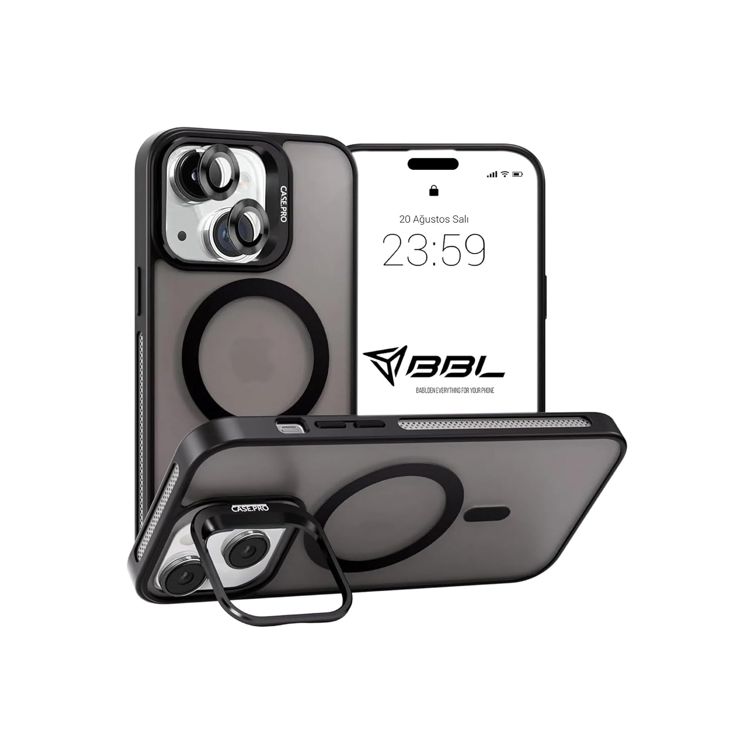 Babilden iPhone için Kılıf Kamera Korumalı Magsafe Wireless Şarj Özellikli Mat Şeffaf Renkli Standlı Kılıf (Lens Hediyeli) (Siyah, iPhone 13)