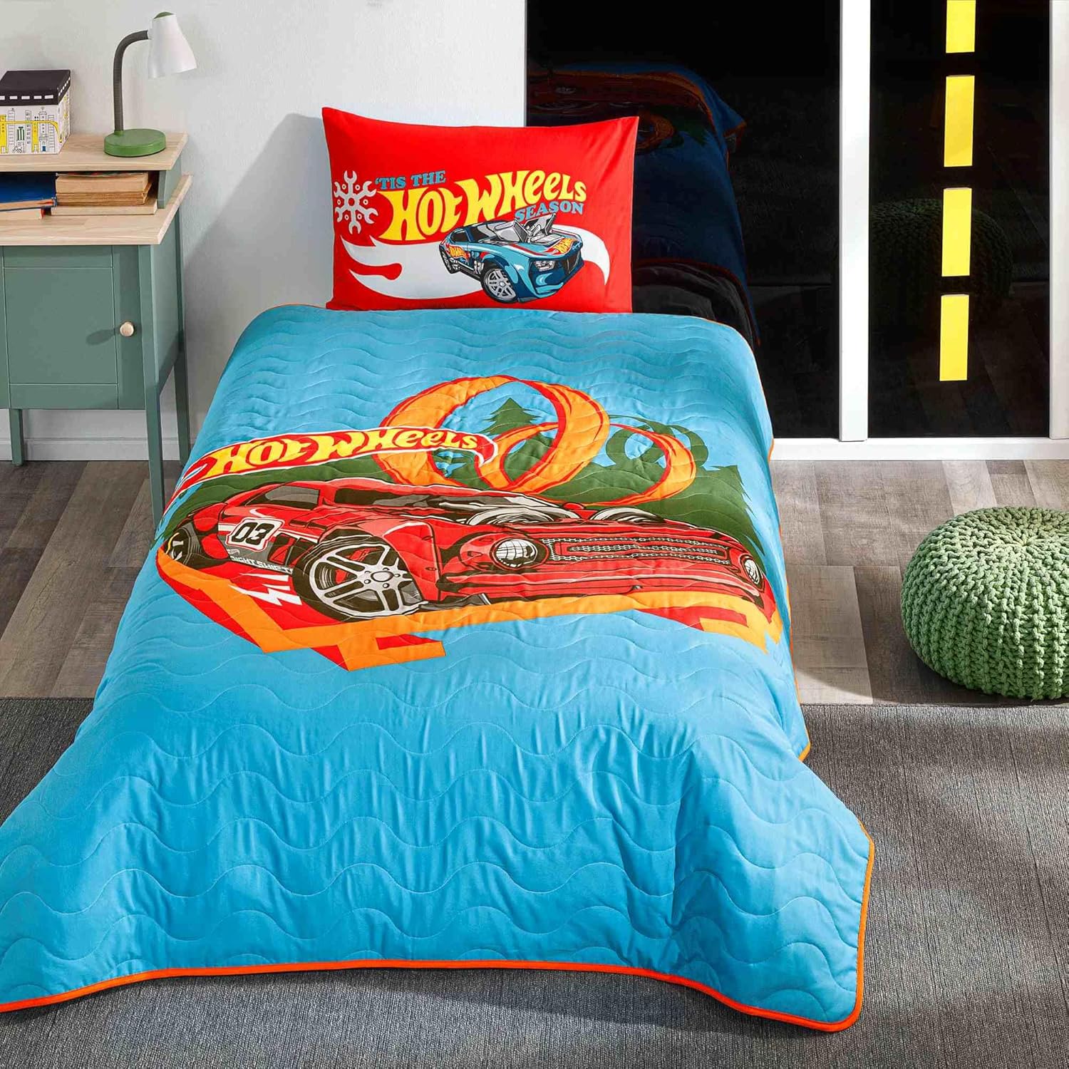 TAÇ Hot Wheels Çizgi Film Karakteri Pamuk-Polyester Karışım Yatak Örtüsü Seti, Çok Renkli, Küçük Tek Kişilik
