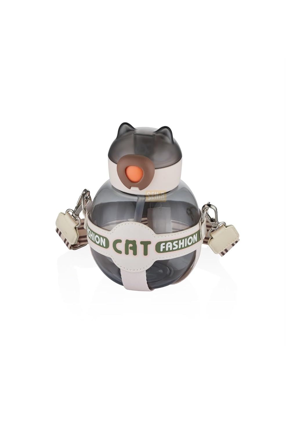 Vagonlife 720ml Sevimli Kedi Silikon Pipetli Özel Kılıflı ve Askılı Polikarbon Çocuk Su Matarası (Siyah)