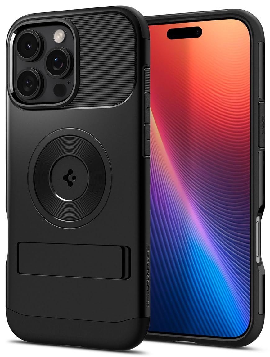Spigen Apple iPhone 16 Pro ile Uyumlu Ekstra Dayanıklı MagSafe Kılıf Slim Armor Hava Kanalı Teknolojisi™ Askeri Sınıf Koruma MagFit KickStand'lı Black Çift Katman Kapak - ACS08164