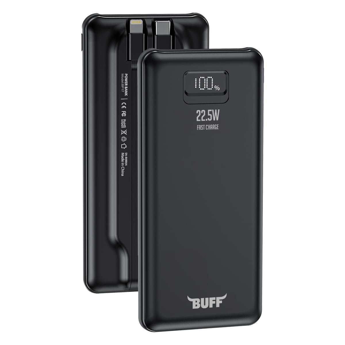 BUFF LABS BP17 22.5W 10.000Mah LCD Ekran Dahili Kablolu Taşınabilir Powerbank (Siyah)