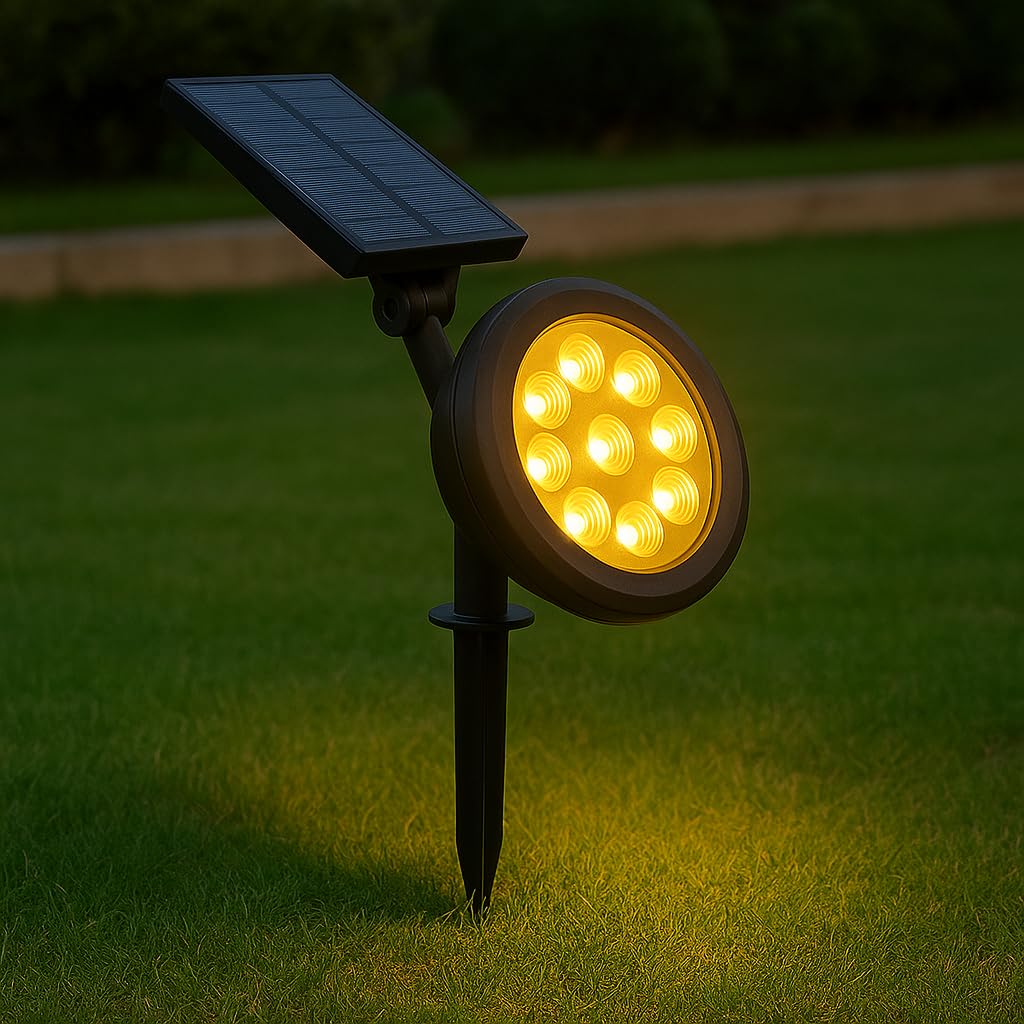 18W Güneş Enerjili Bahçe Armatürü – 9 LED 3200K Günışığı, IP65 Su Geçirmez Solar Spot Lamba, 200 Lümen, Kazıklı veya Duvara Montaj, Açılı Aydınlatma