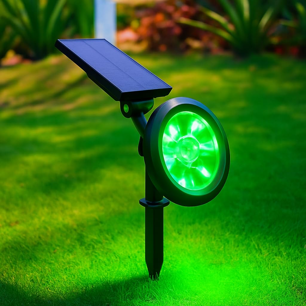 18W Solar Bahçe Aydınlatma Lambası - 9 LED Yeşil Işık, 200 Lümen, IP65 Su Geçirmez, Güneş Enerjili Kazıklı veya Duvar Montajlı Çim Armatürü