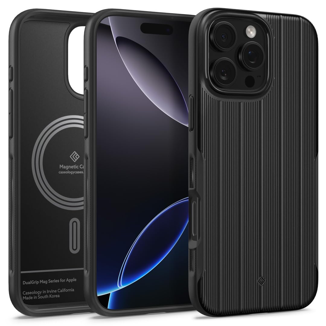 Spigen Caseology iPhone 16 Pro ile uyumlu MagSafe Kılıf Dual Grip Mag Hava Kanalı Teknolojisi Askeri Sınıf Koruma Braided Black Dokulu Yüzey Kapak - ACS08179