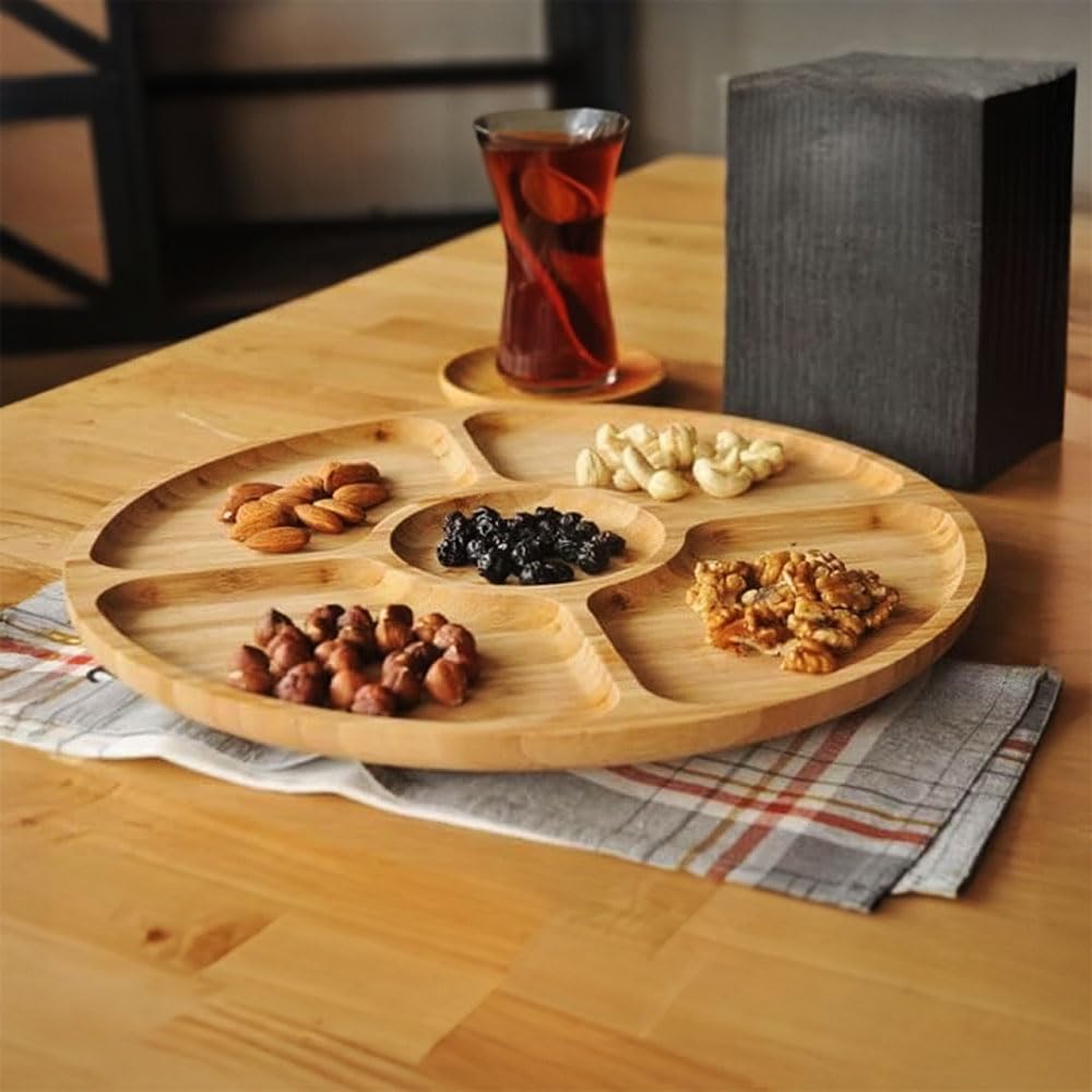 Deconox 360° Dönebilen Bambu Kahvaltı, 30cm Sunum ve Çerezlik Tabağı 5 Bölmeli, Dönerli Bambu Sunum Tabağı