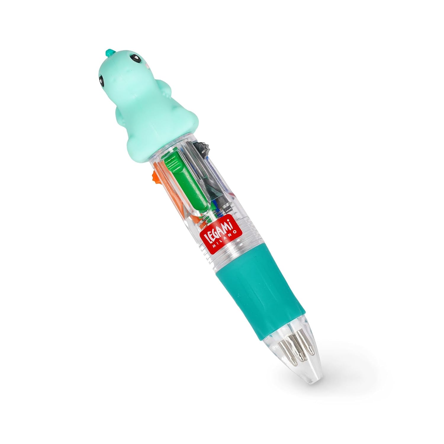 Legami - Mini Magic Rainbow, 4 renkli tükenmez kalem, yeşil, mavi, turuncu, siyah, uç 1 mm, ergonomik silikon sap, çap 2,3 cm, yükseklik 10 cm, dinozor