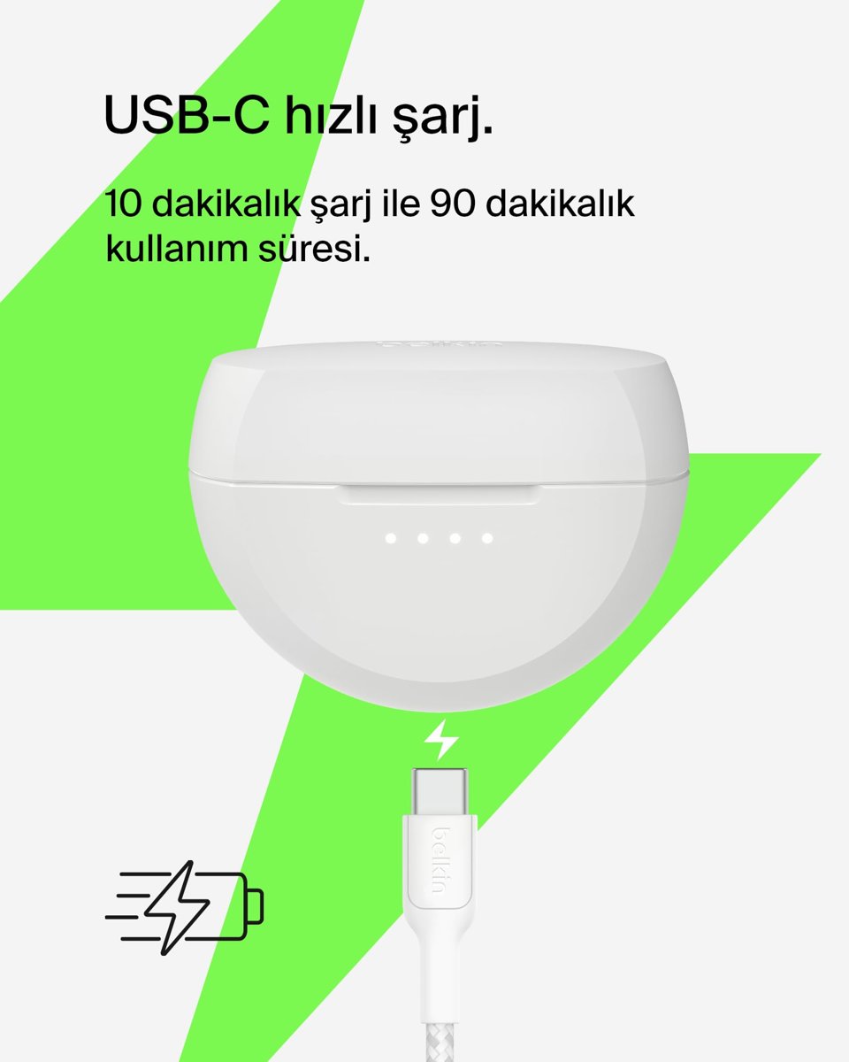 Belkin SoundForm Rhythm Gerçek Kablosuz Kulaklık (Beyaz) – Mikrofonlu, USB-C Hızlı Şarj, 28 Saat Pil Ömrü, IPX5 Suya Dayanıklı Bluetooth Kulaklık